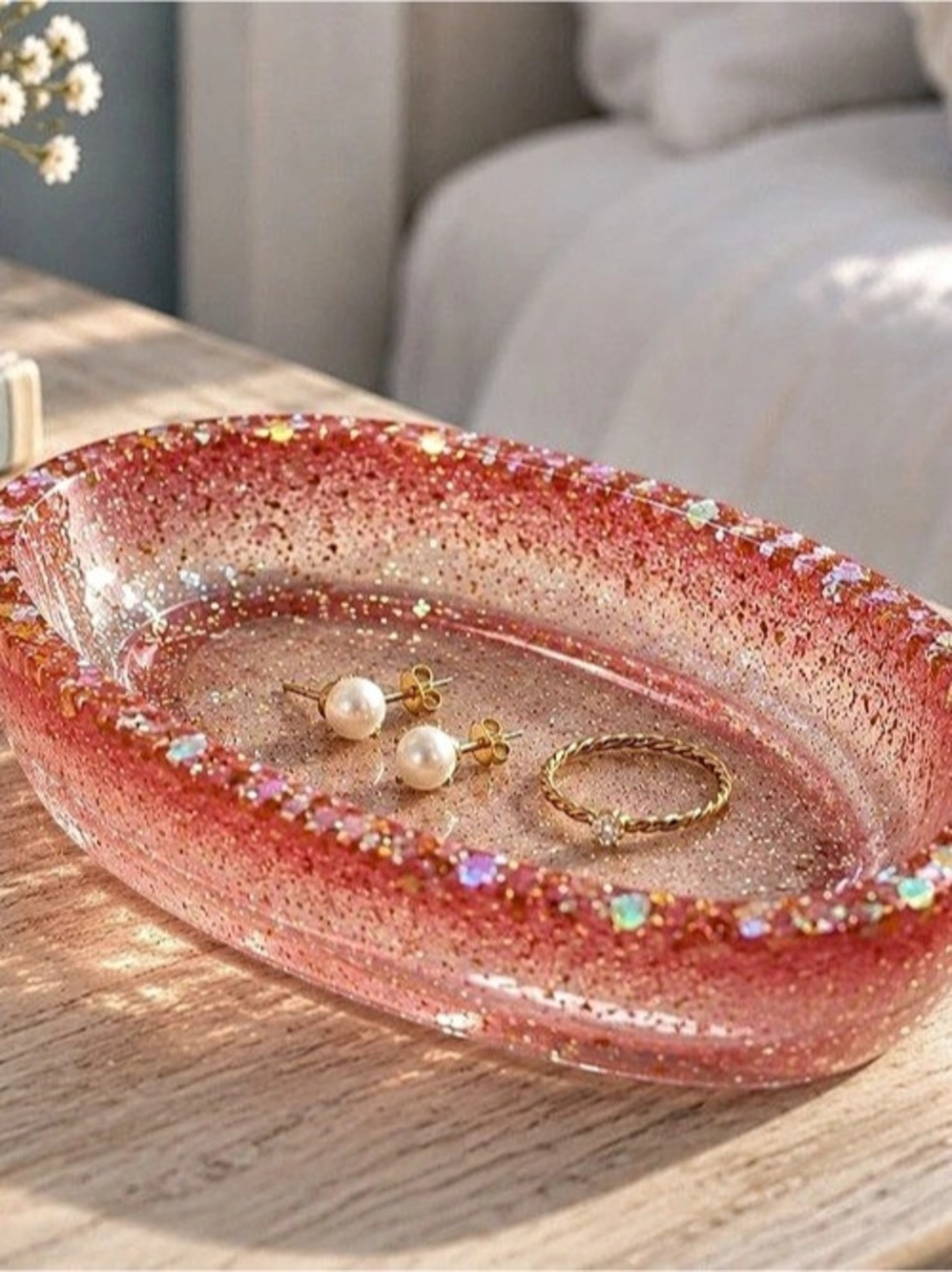 Pink Glitter Oval Jewelry Tray